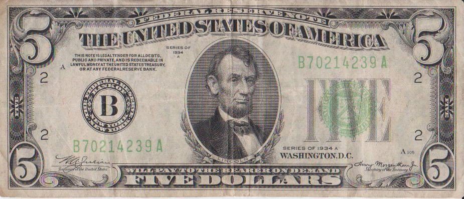 A vintage US five-dollar bill